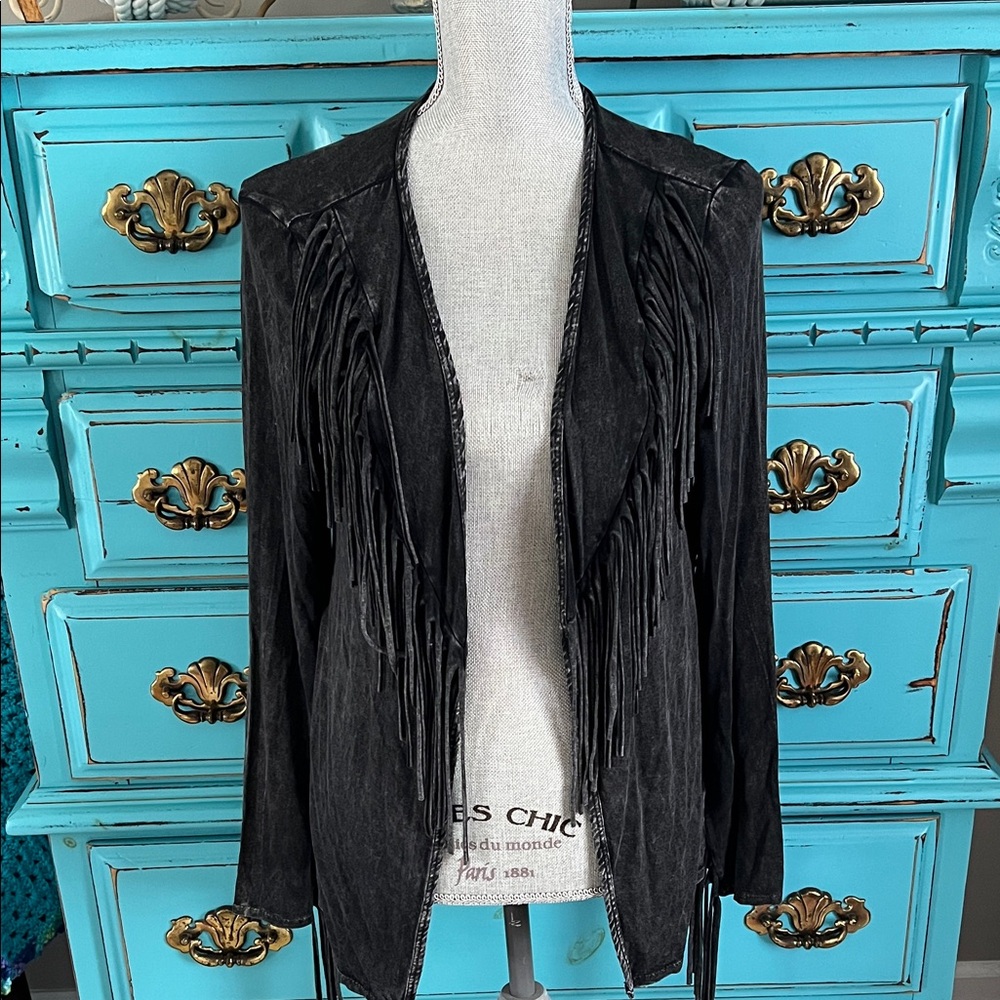 T Party Fashion Black Fringe Suede-Look Jacket